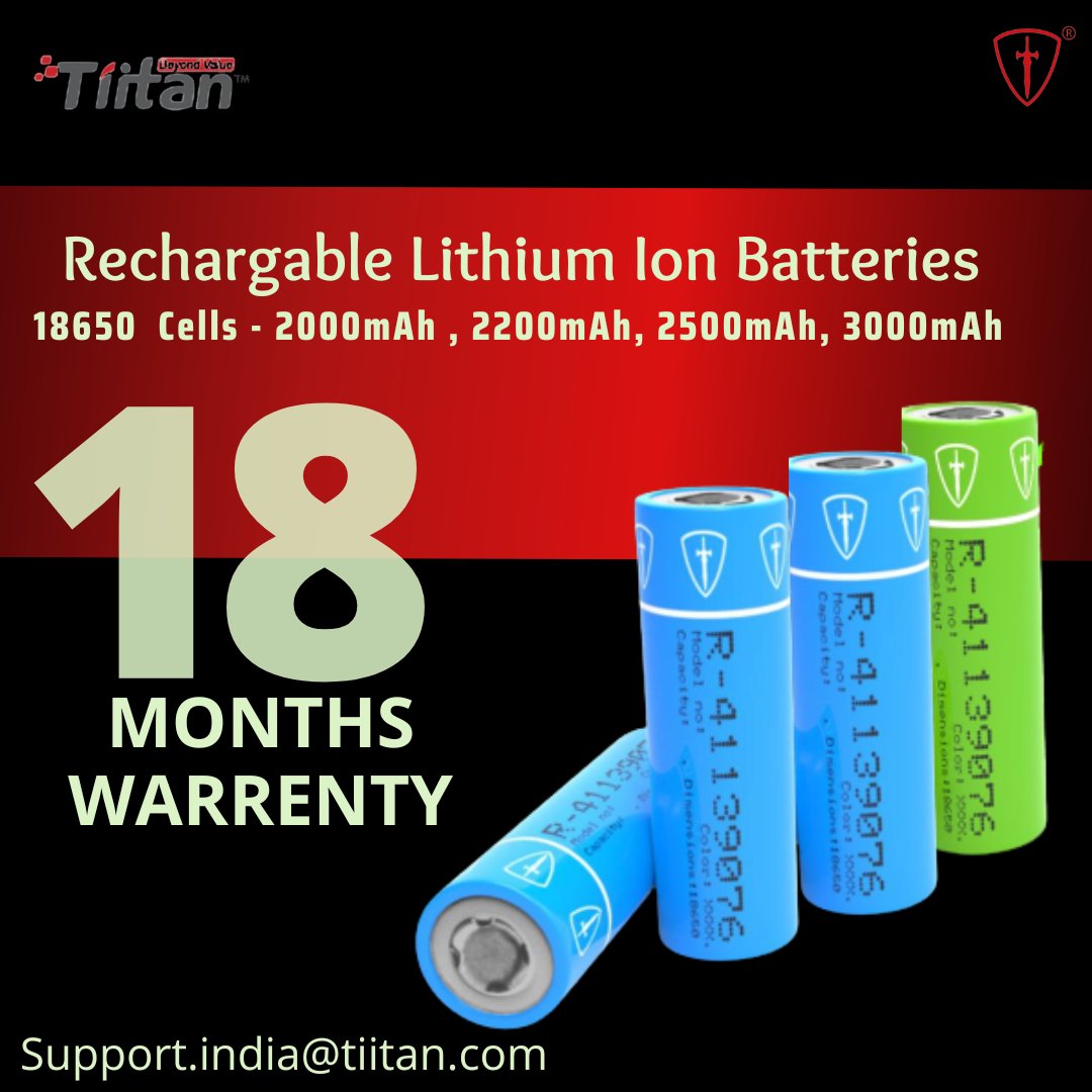 Tiitanindia's tweet image. Tiitan High-Quality Lithium Ion Batteries - With 18 Months Warranty
Contact Us : Support.india@tiitan.com
#batteries #lithiumcell #lithiumbattery #tiitanlithiumcell #tiitanlithiumbattery