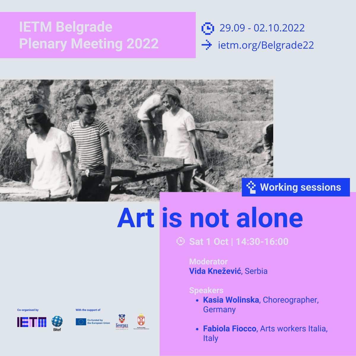 IETM's tweet photo. 🔎 Zoom in on #IETMBelgrade 

⚪ The session ‘Art is not Alone’ will examine the ways in which #unionisation and self organisation can act as complementary approaches for working around policy limitations in relation to #ArtisticWork

👉🏻 Register now: https://t.co/6ha6emhu0O https://t.co/n8fHZiUnSJ