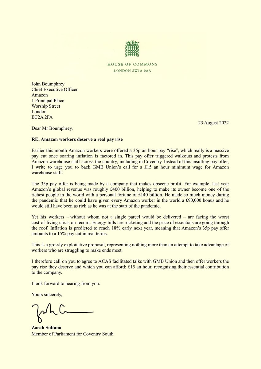 zarahsultana's tweet photo. Amazon is one of the most profitable companies in the world, whose owner has a £140 billion fortune.

But it is proposing a 35p pay "rise" for its workers – a massive pay cut once inflation is factored in.

My letter to Amazon's CEO, backing @GMB_Union's demand for £15-an-hour: https://t.co/s1wsn0B5U3