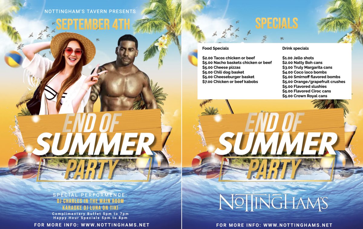 NottinghamsMD's tweet image. September 4th: End of Summer Party

Music, Karaoke plus Food &amp;amp; Drink Specials.

Complimentary Buffet 5pm to 7pm

Happy Hour Specials 5pm till 8 pm

facebook.com/events/5442680…

#HoCoMD #ColumbiaMD #HoCoEvents