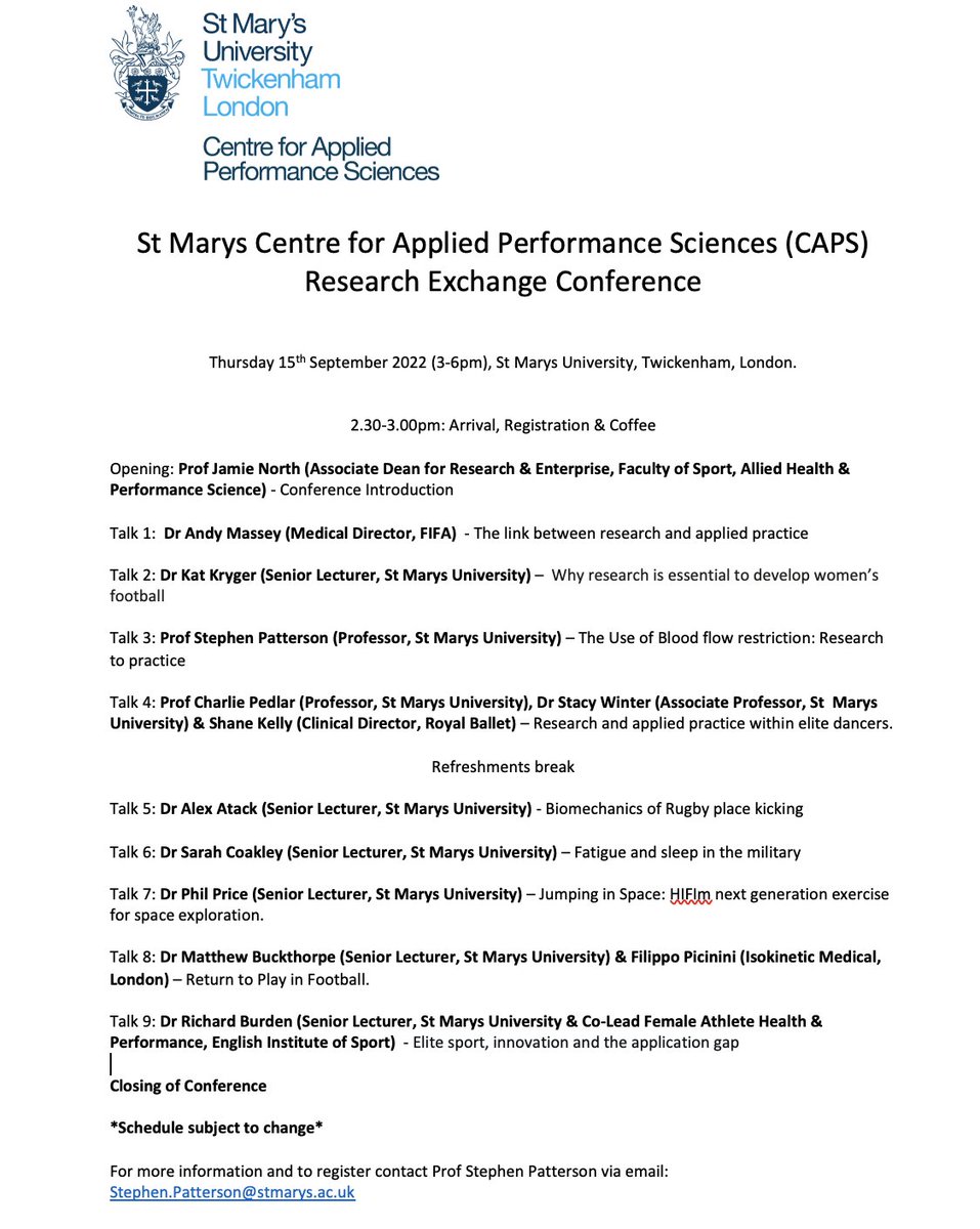 We invite local clubs, organisations and industry to come & join us at our 1st Research exchange conference on 15/9/22 @YourStMarys, where we will showcase some of our current and recent projects. The event is free to attend, contact Stephen.patterson@stmarys.ac.uk to register