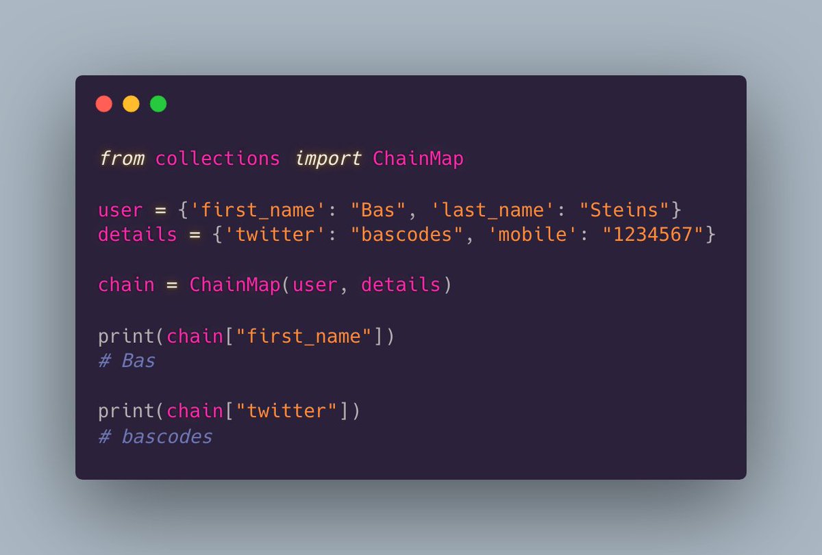 bascodes's tweet image. 💡🐍 Python is a popular language for connecting different data sources.
Use a 𝙲𝚑𝚊𝚒𝚗𝙼𝚊𝚙 to get a singular value from a collection of different 𝚍𝚒𝚌𝚝s:
#tweet100 #pythontip