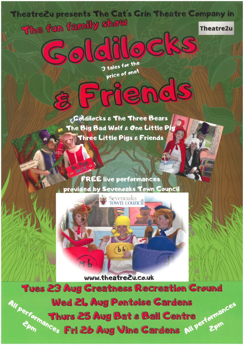 #FREE Outdoor #Theatre shows for you and the little ones coming up this week! 🎭

First one begins TODAY 2pm at Greatness Recreation ground

The skies are clearing so come on down! ☀️