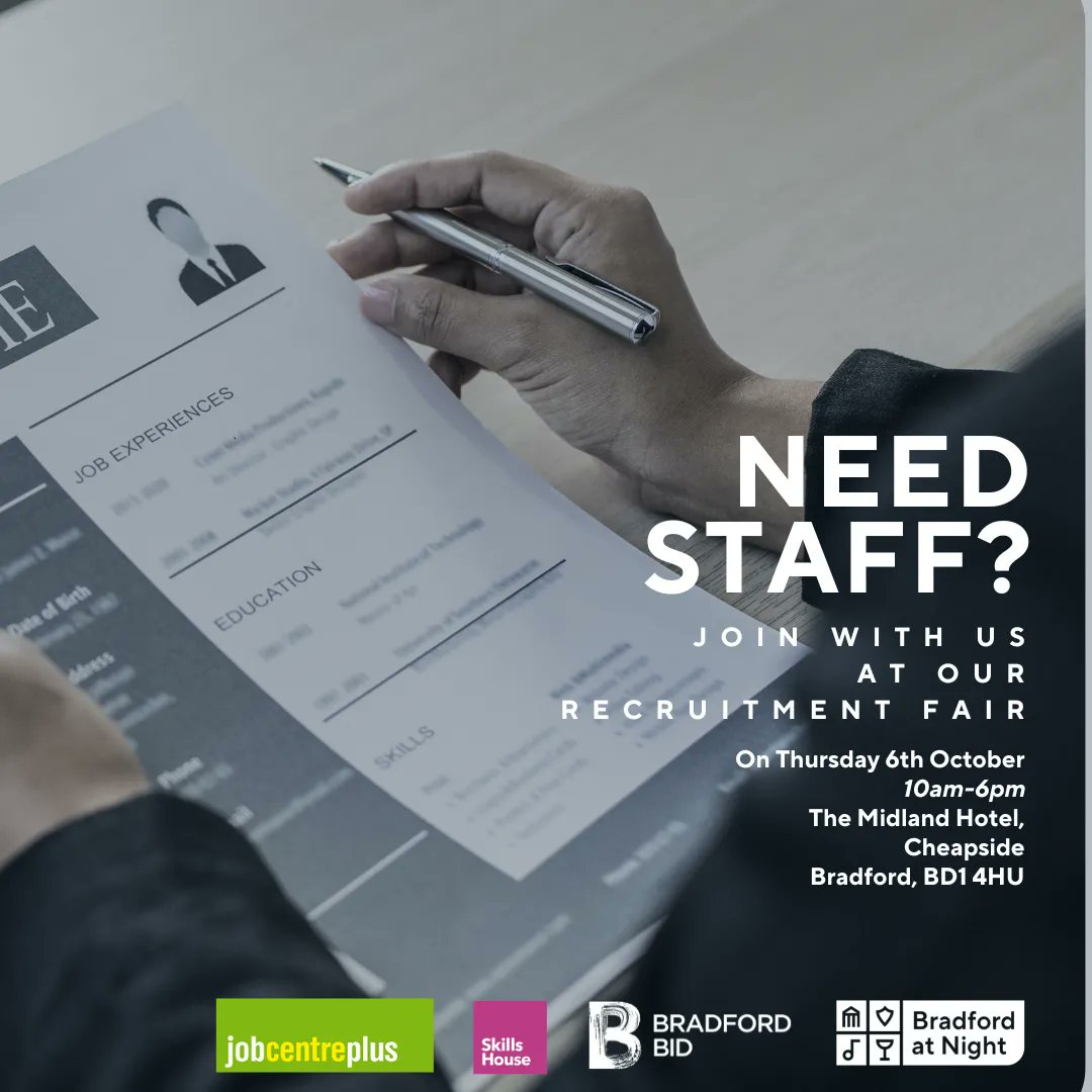 Calling all #Bradford at Night Members👀

Are you looking for staff? 

Join us, <a href="/bradford_bid/">BradfordBID</a> <a href="/SkillsHouseBfd/">SkillsHouse</a> &amp; <a href="/JobCenterPlus/">Job Center Plus</a> for the BIDs recruitment fair

Businesses sign up👇
buff.ly/3woVRLZ