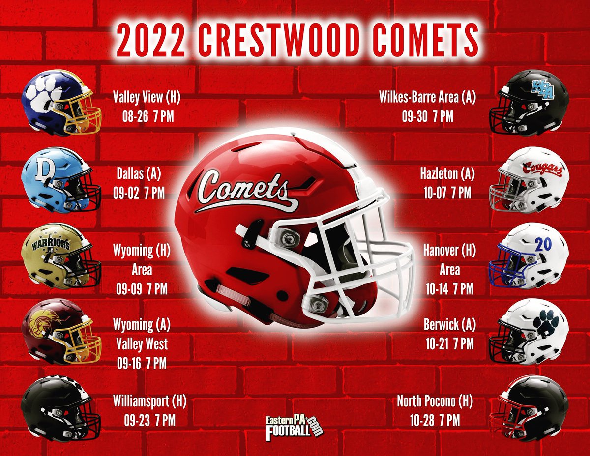 We’re only 3 DAYS away from Week 1 kickoff against the Valley View Cougars! Start making your plans to come out to Crestwood Stadium on Friday, August 26th to cheer on your Comets at 7pm. Go CCCOMETS! 🏈 <a href="/ArcangeliCoach/">Ryan Arcangeli</a> <a href="/EPAFootball/">EasternPAFootball</a> <a href="/PaFootballNews/">Pennsylvania Football News</a> <a href="/NEPAFootball/">NPF Football</a> <a href="/johnmendolashow/">JOHN MENDOLA SHOW</a>