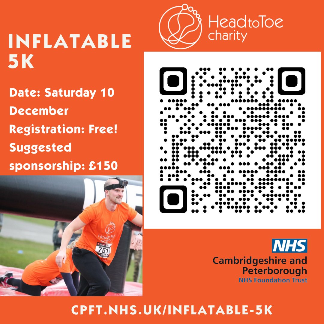 head2toecharity's tweet photo. Head to Toe are currently looking for teams to take part in this years Inflatable 5k Obstacle race at The Showground in Peterborough this December! Enter now for FREE early bird registration! @CPFT_NHS @CpftVolunteers @CPFT_RCE https://t.co/Gr2j4IksxA