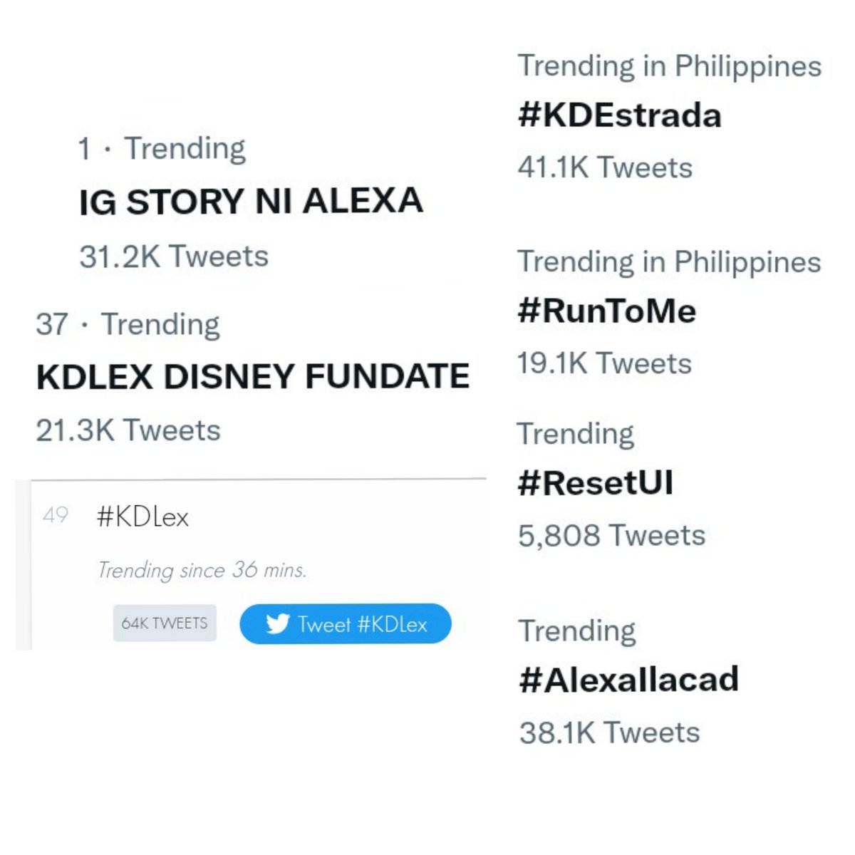 scribersquill's tweet photo. KDLex dominating the twitter trends! 
KDLex Supremacy!

IG STORY NI ALEXA 
#KDLex | @kdestrada_ @alexailacad https://t.co/Ns25B3BFNB