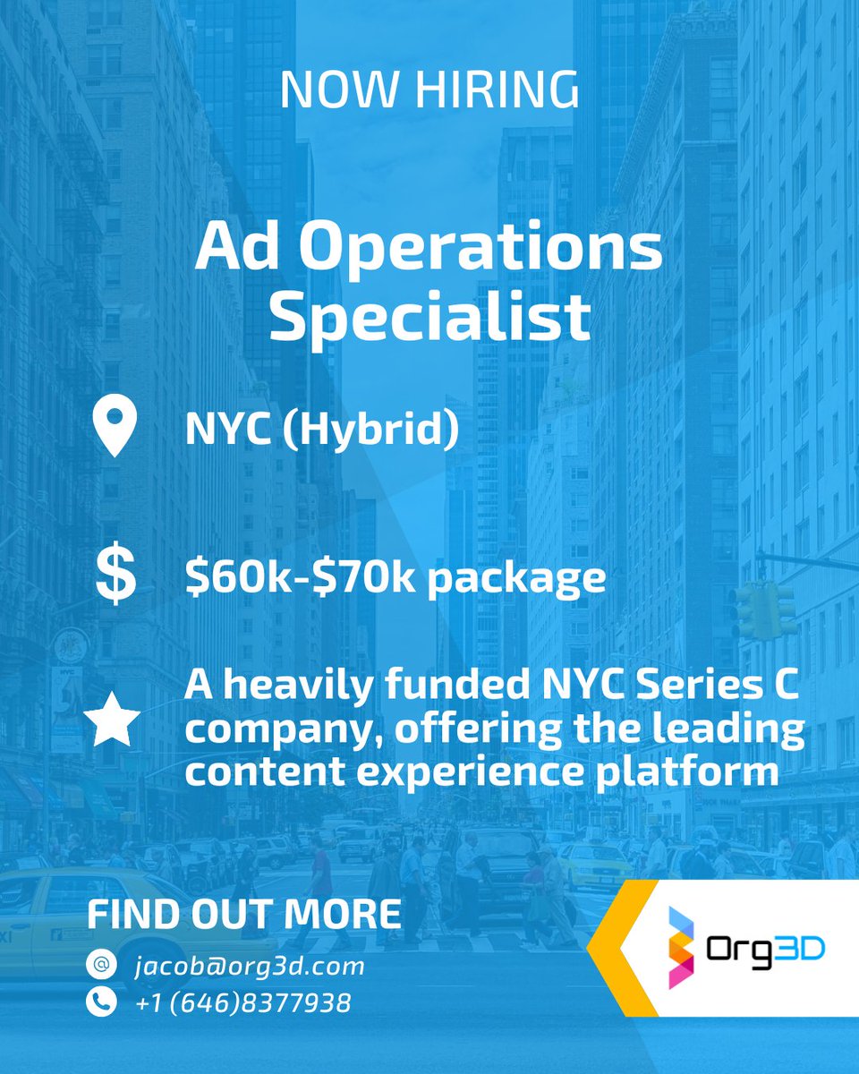 GrowTechFast's tweet photo. 🔥 Now Hiring - Ad Operations Specialist - NYC (Hybrid) 🇺🇸

🚀 We're looking for a talented Advertising Operations Specialist to join a fantastic company!

🚀 The Company are a heavily funded NYC Series C, offering the leading content experience platform for advertisers and ... https://t.co/9IdpfNaV2A