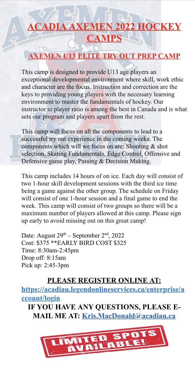 🅰️ Just 2 spots remaining in our Acadia hockey U13 Elite Try Out Prep Camp for next week! 

Don’t miss out, register today here: 

acadiau.legendonlineservices.ca/enterprise/acc…

🏒🥅🅰️