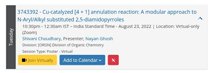 i_amm_shivani's tweet photo. Join my poster presentation, starts at 10:30pm as a part of Metal Mediated Reactions and synthesis (division of organic chemistry). #ACSFall2022 #NGGroup #ACSChicago @CSIR_CDRI 
https://t.co/d8T6PTu0cX https://t.co/qZ1XlTq7Zi