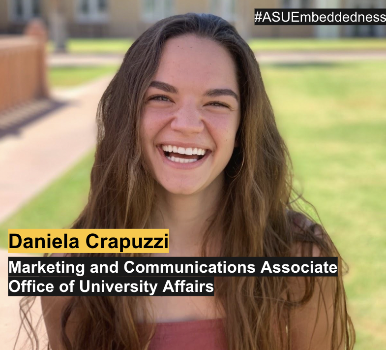 ASUEmbeddedness's tweet photo. Meet a Student Staff Member Monday!
Daniela studies at @WPCareySchool and is currently changing her major to Marketing (Digital and Integrated Marketing Communications). She is also getting two minors in Design Studies and Architecture Studies at @ASUHIDA
#ASUembeddedness https://t.co/hYbRAGjcAn