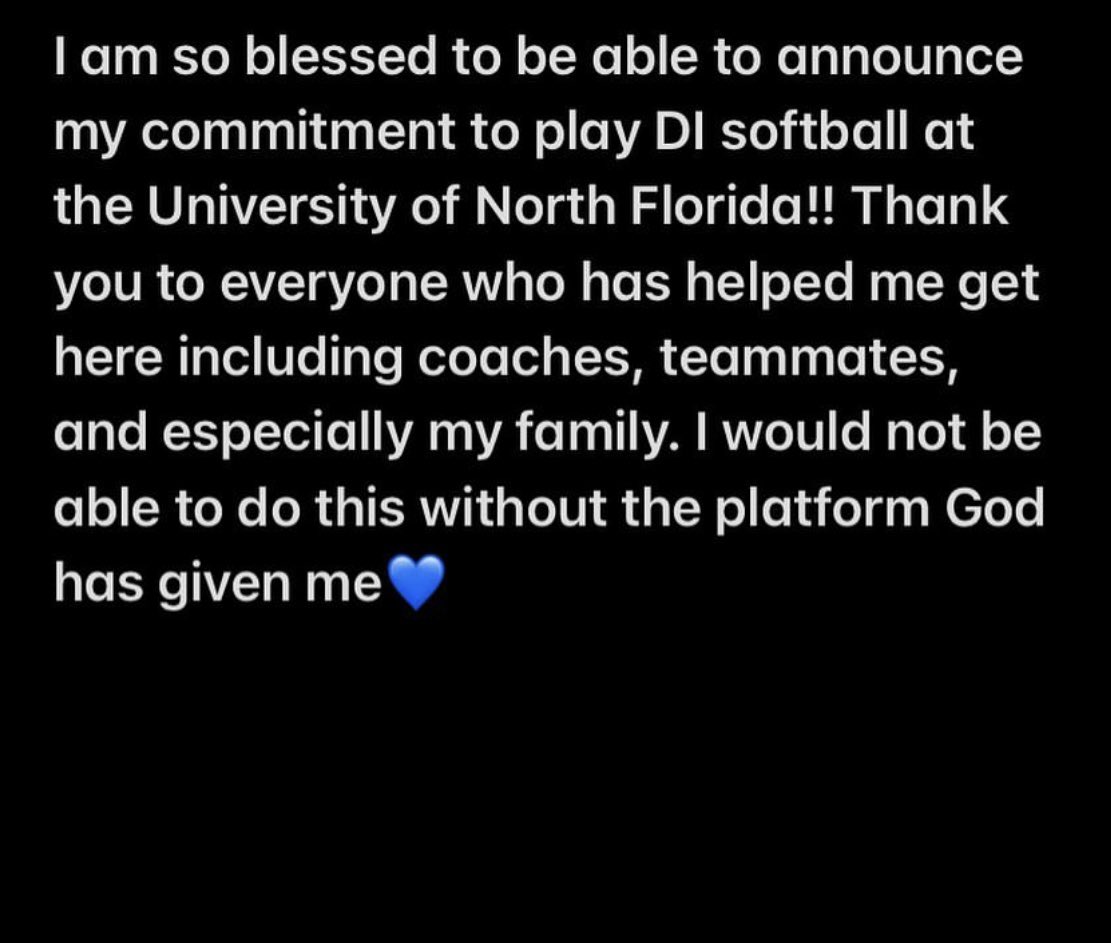 I am very excited and blessed to announce that I am verbally committed to continue my education and softball career at the University of North Florida!! I am looking forward to playing for Coach <a href="/JeffConrad10/">Jeff Conrad</a> and the <a href="/OspreySB/">UNF Softball</a> team next year!! Go Ospreys!! #swoop 🐦💙