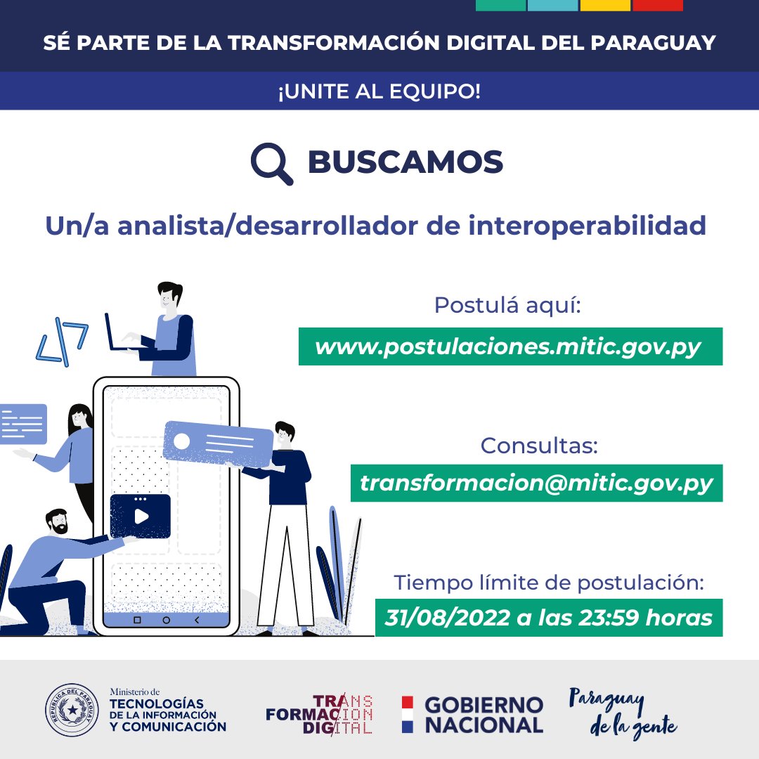 Miticpy's tweet photo. 📣 | ¡Atención! Nueva vacante en el marco de la #AgendaDigital

🔎 Buscamos un/a Analista/Desarrollador de Interoperabilidad.

🔗 Más información sobre el llamado: https://t.co/WQ6GZOvYo1.

📍 Desde esta convocatoria en adelante, podés postularte en: https://t.co/w12oysPEzN. https://t.co/WprvxqcW6l