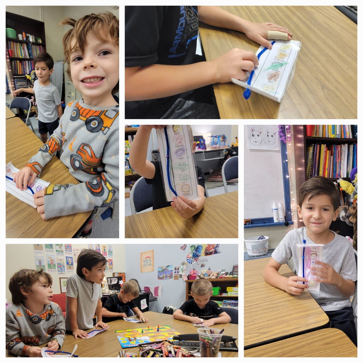 EGMScounseling's tweet photo. These kinders this week worked on identifying and modeling emotions, friendship skills, and patience. They also made a feelings identifier to help them with their feelings! @eastfieldglobal @_Marleys_World #SELgroups #emotions #feelings #Kindergarten https://t.co/jHonbgn9E1