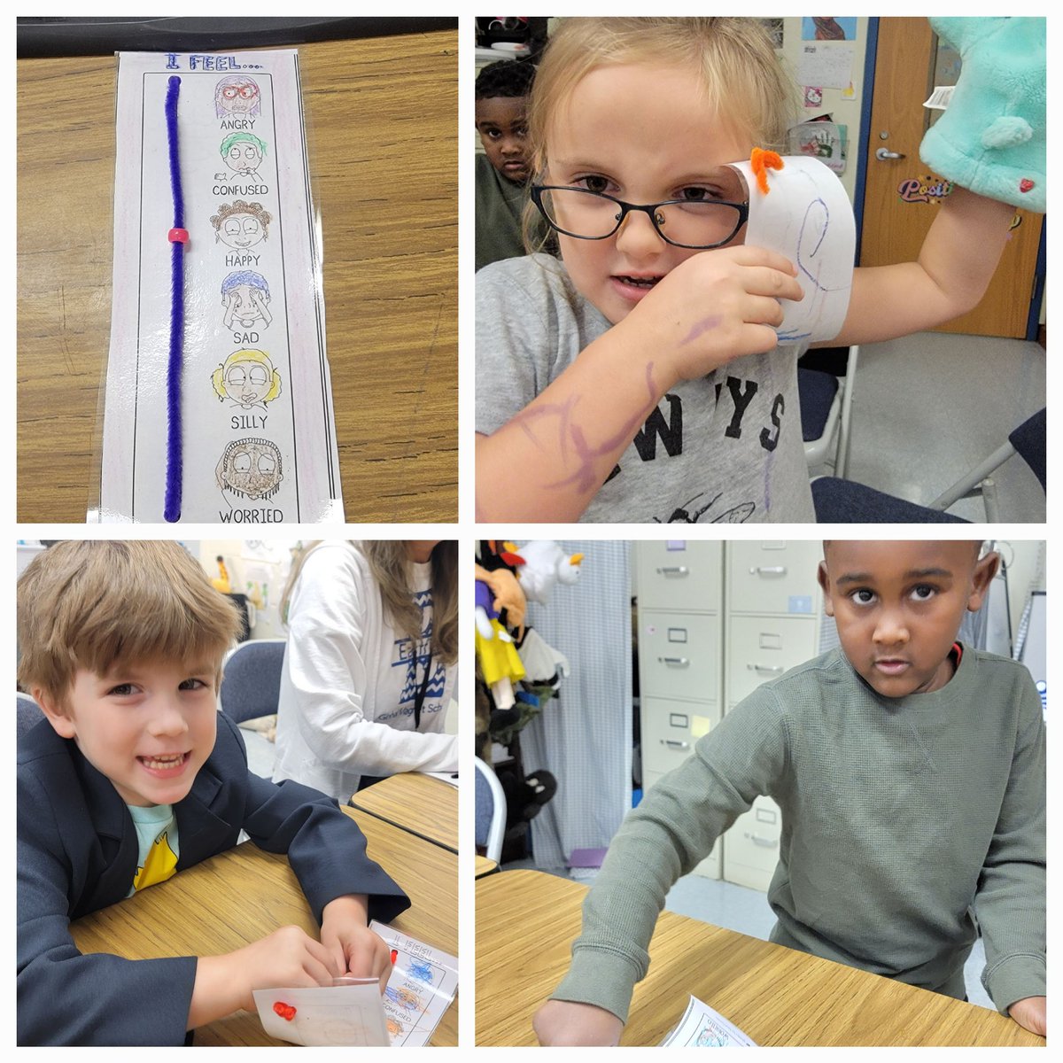EGMScounseling's tweet photo. These kinders this week worked on identifying and modeling emotions, friendship skills, and patience. They also made a feelings identifier to help them with their feelings! @eastfieldglobal @_Marleys_World #SELgroups #emotions #feelings #Kindergarten https://t.co/jHonbgn9E1