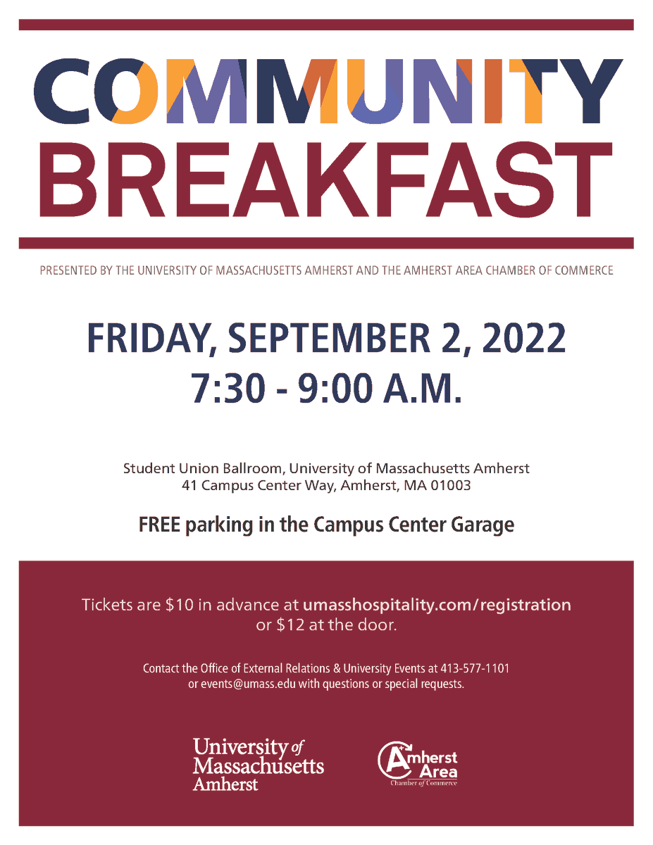 AmherstAreaCC's tweet photo. 🍳 Community Breakfast
🗓️ Fri. 9/2
🕔 7:30-9AM
📍 UMass Student Union Ballroom
➡️ Register at https://t.co/eXJ4EK4vqg
An opportunity to reconnect with community and campus leaders, welcome newcomers, and see old friends, as we kick off a new academic year in the Amherst area. https://t.co/093s7GQTH5