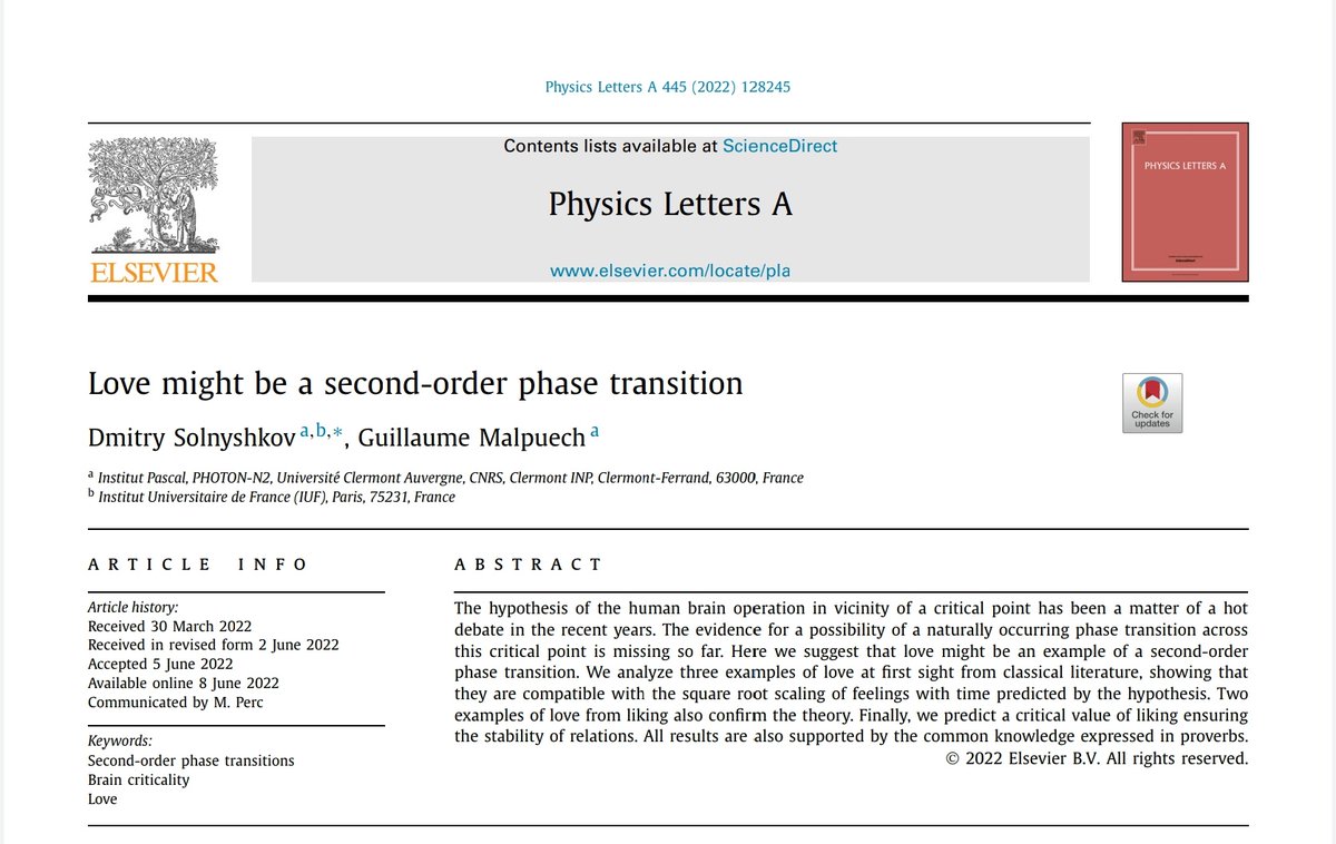 Fizik neden muhteşemdir, gelin bir kez daha bakalım. 

Fransa'dan iki fizikçi aşkı merak etmiş ve acaba aşk insan beyninde ikinci dereceden bir faz geçişi olabilir mi diye merak etmişler. Bu çalışmayı da iyi bir dergide yayınlamışlar. Fikir şu: