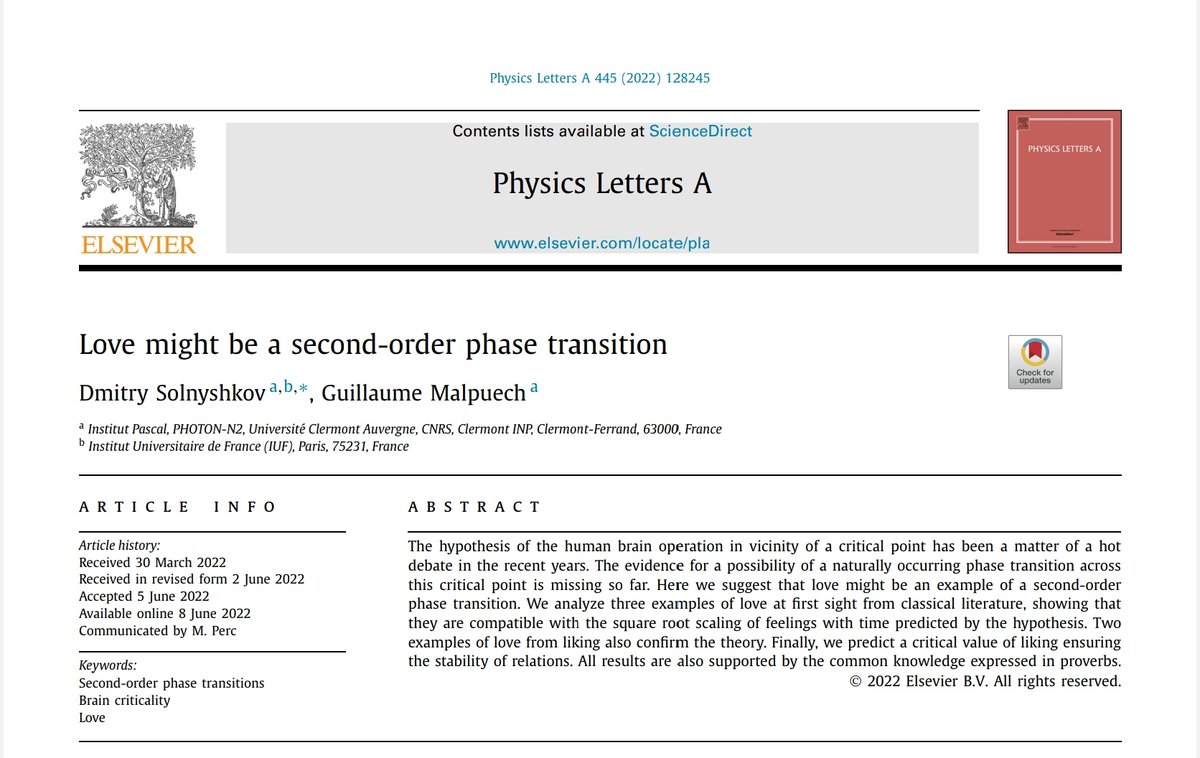 Fizik neden muhteşemdir, gelin bir kez daha bakalım. Fransa'dan iki fizikçi aşkı merak etmiş ve acaba aşk insan beyninde ikinci dereceden bir faz geçişi olabilir mi diye merak etmişler. Bu çalışmayı da iyi bir dergide yayınlamışlar. Fikir şu: