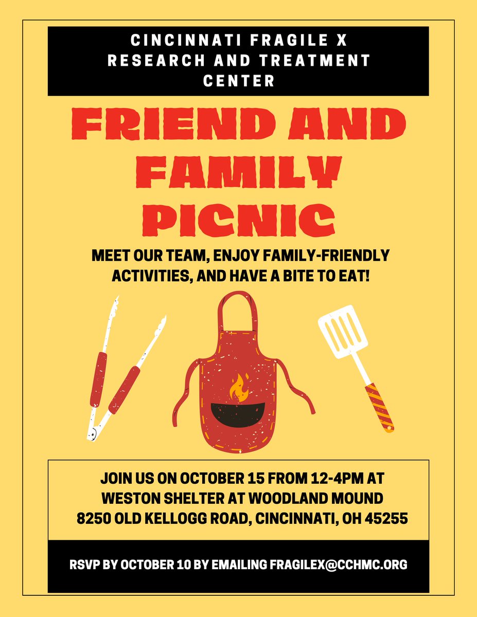 neurobehav_lab's tweet photo. The Cincinnati Fragile X Research and Treatment Center is hosting and Friend and Family Picnic on October 15! If you are interested in joining us, RSVP by emailing FragileX@cchmc.org by October 10! #fragilex #friendandfamily #joinus https://t.co/MJCU9FiuDz