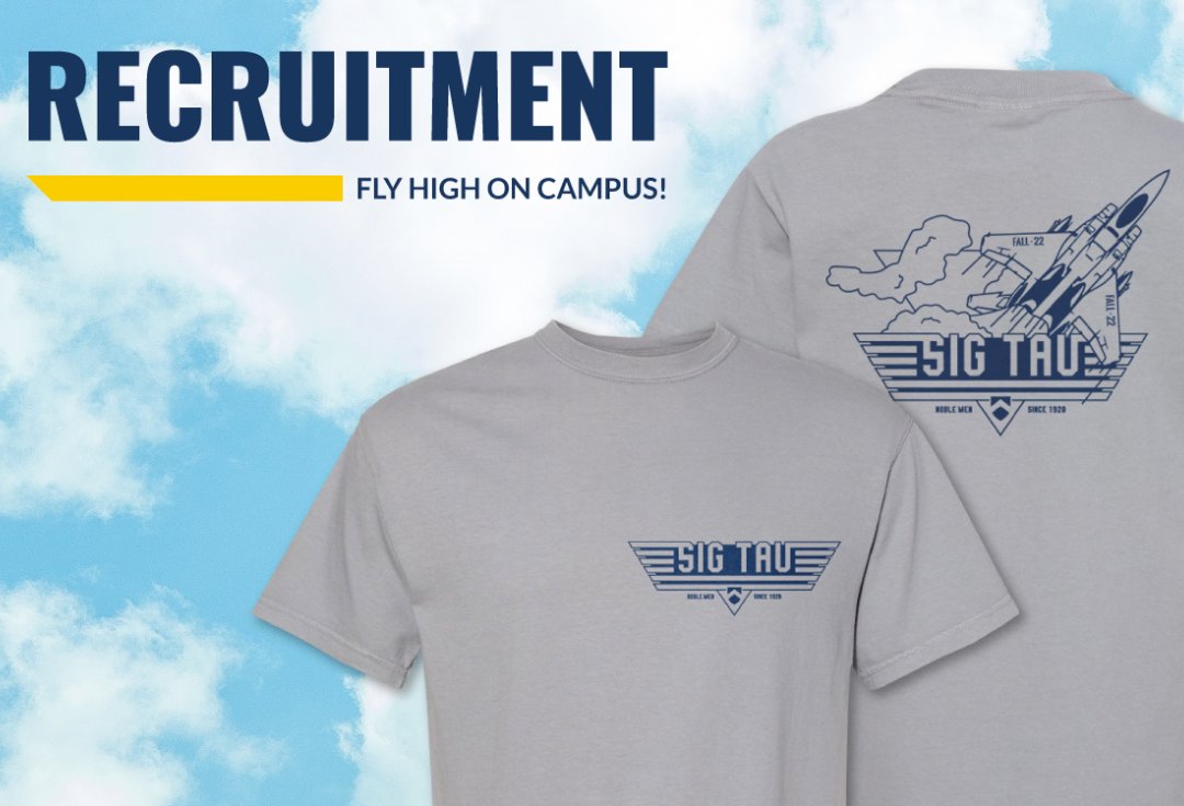TAKE FLIGHT THIS FALL
The National Recruitment T-Shirt is now available on the Sig Tau Marketplace! Grab your favorite Sig Tau gear to use during recruitment, tailgating, and more.#SigTau #JoinSigTau

sigtaumarketplace.com/collections/t-…