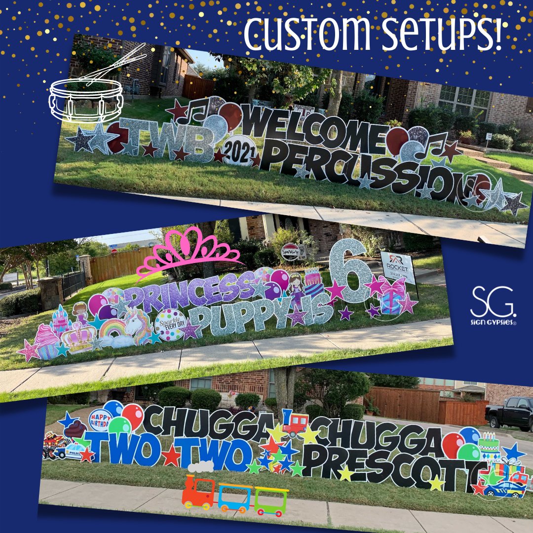SGWylieRowlett's tweet photo. 🎉 Want to celebrate with a unique phrase?  We love a custom setup! 🚂 🥁 👑

#SignGypsiesWylieRowlett
#ReadySetCelebrate
#CustomGreetings https://t.co/h098DwDlK6
