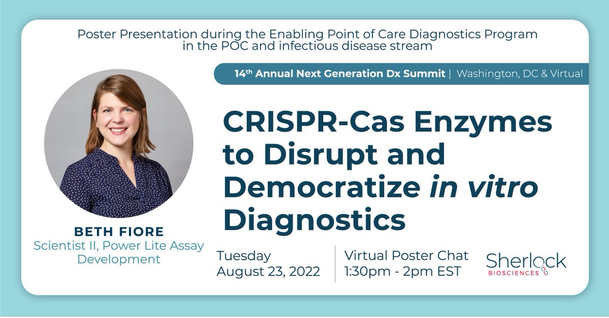 Sherlock_Bio's tweet photo. Today at #NGDx22, meet our scientists Beth Fiore &amp; Heike Boisvert from 1:30pm-2pm EST for the Virtual Poster Chat. 

Ask Beth and Heike about Sherlock's innovations in #CRISPR diagnostics &amp; our #AI accelerated molecular design for point-of-need tests!

https://t.co/Hb6MyqRyUC https://t.co/Z1fMOCz6GQ