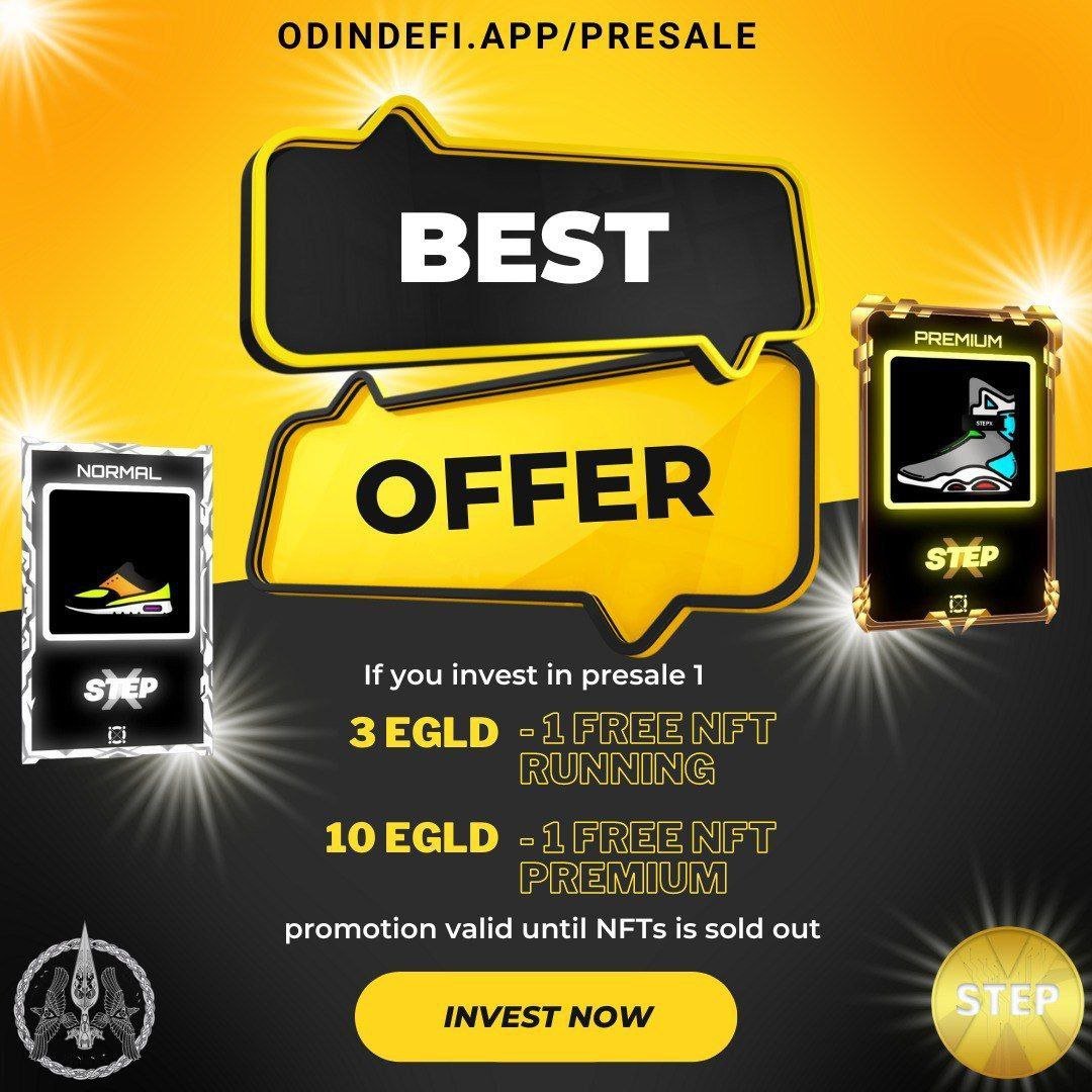📢Elrond⚡️#NFTGiveaway with <a href="/stepXelrond/">STEP X Elrond | SportNFT mint is🔴LIVE🔴</a> 

🟢PRESALE 1 IS LIVE NOW🟢
odindefi.app/presale

In order to mark this, they offer: 
🥇0.5 $EGLD 
🥈5k $STEPX
🥉NFT

✔️Follow @maiargiveaways &amp; <a href="/stepXelrond/">STEP X Elrond | SportNFT mint is🔴LIVE🔴</a> 
✔️🖤, Retweet &amp; tag friends

⏱48h

#ElrondGiveaway
#GiveawayAlert 
#Giveaway