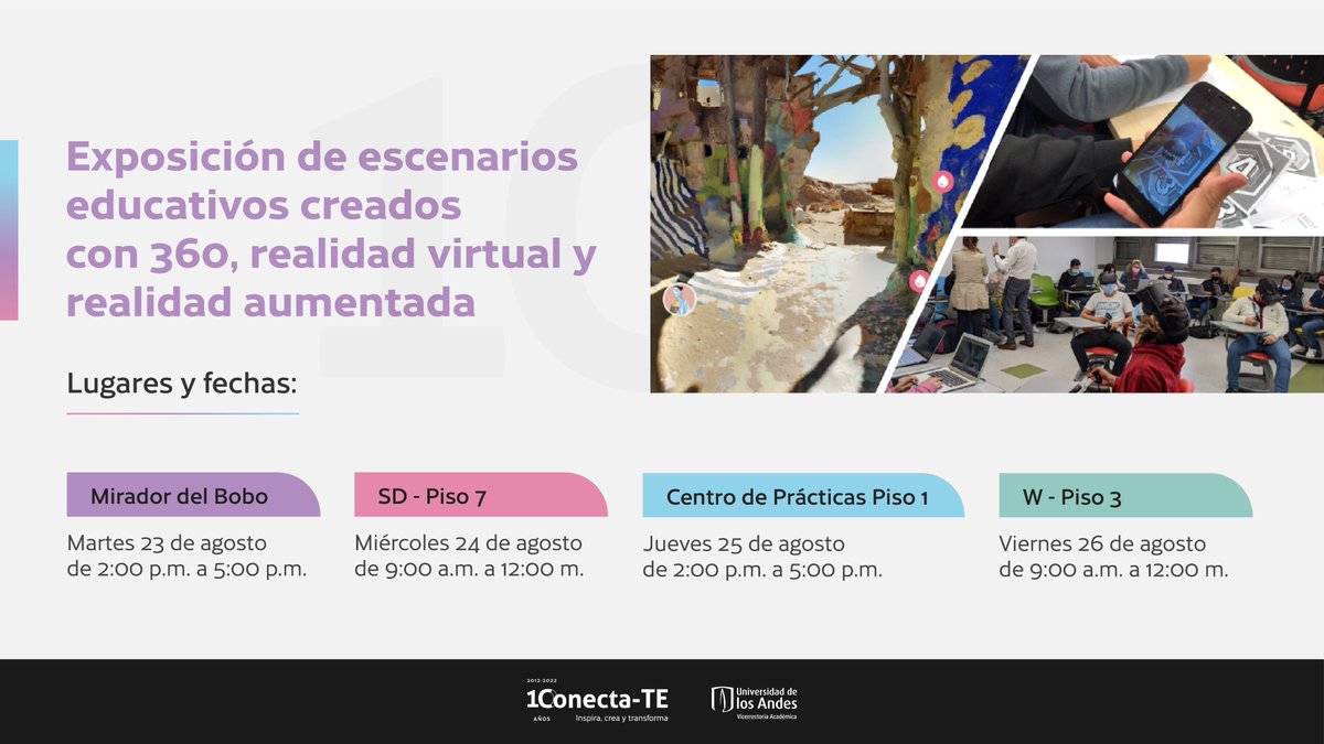 Conectate_andes's tweet photo. Te esperamos en distintos lugares del campus para conocer y vivir experiencias inmersivas de aprendizaje. Proyectos creados junto a docentes de @Uniandes.  

Del 23 al 26 de agosto.
No requiere inscripción. https://t.co/2JHpHEHCuG