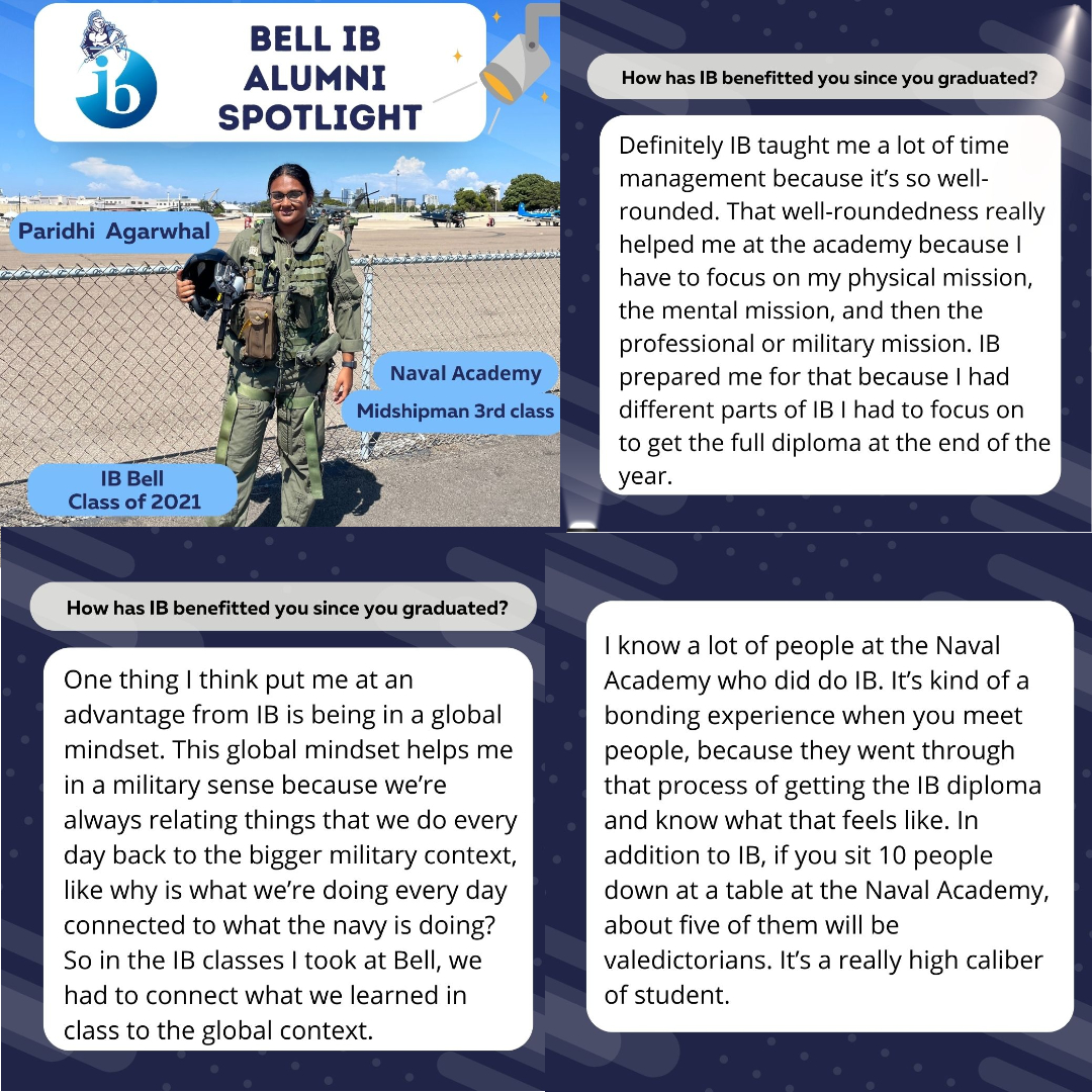 IB_LDBell's tweet photo. Our first IB alumni spotlight features 2021 grad, Paridhi Agarwhal, a rising sophomore at the U.S. Naval Academy. We are proud of her! #IBBlueRaiders #IBellieveinIB #IBnLDBellIB #IB21
@RandyBelcherBHS https://t.co/TxiVStTjzl