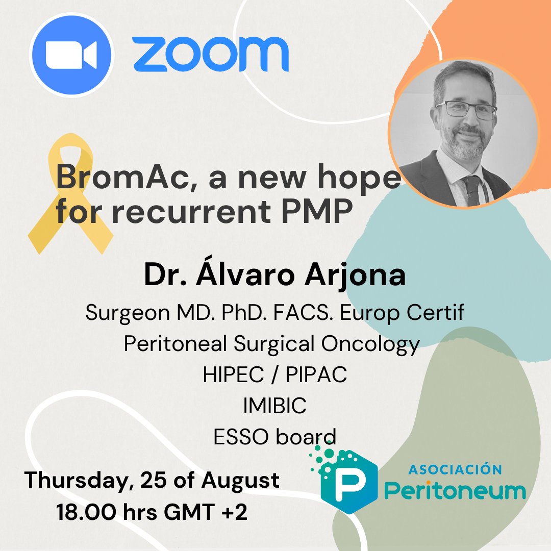 APeritoneum's tweet photo. Next Zoom session with @alarjosan about the clinical trial #BromAc. This new therapy could bring new hope for those patients with recurrent #PMP
@IMIBIC
@HUReinaSofia
Zoom access:
https://t.co/MjMbqHQZ5N
Code: 817526

#AGOSTOMESPMP #VISIBILIDADPMP #HIPEC #PSEUDOMIXOMAPERITONEAL https://t.co/F65SsqyIW4