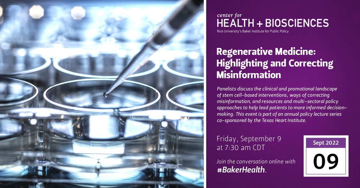 stpolicy's tweet photo. JOIN US: Friday, Sept 9th at 8am CT. @BakerCHB Event on regenerative medicine, #stemcells & #science #misinformation with @Texas_Heart Emerson Perin, @mayoclinic Zubin Master & @ekvraga. In-person & Online. #BakerHealth Registration: https://t.co/OA3yE3KLKJ https://t.co/dPp564Xcfd
