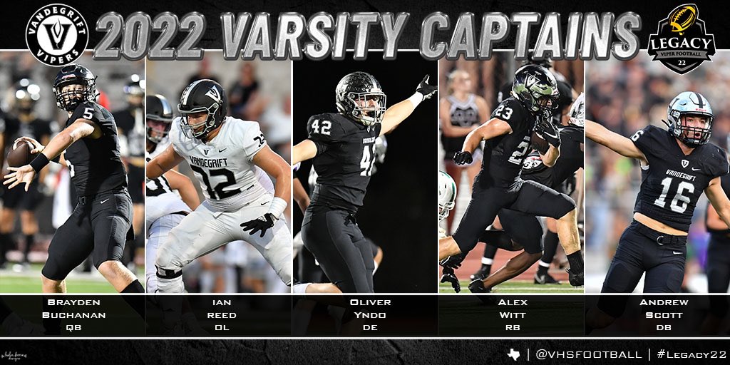 VHSFootball's tweet photo. Congrats to our 2022 Varsity Captains
@bbuchanan_12 
@Ian_Reed72 
@Oliveryndo 
@alexpwitt 
@andrew_scott06 https://t.co/eiHvfLT5eZ