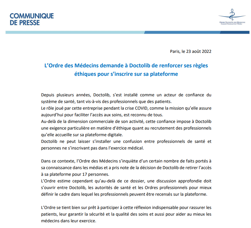 ordre_medecins's tweet photo. [Communiqué]

L’Ordre des médecins appelle @doctolib à renforcer ses règles éthiques d’inscription sur sa plateforme afin de garantir la sécurité et la qualité des soins pour les patients.

L’Ordre des médecins se tient prêt à participer à cette indispensable réflexion. https://t.co/8ILNiFic83