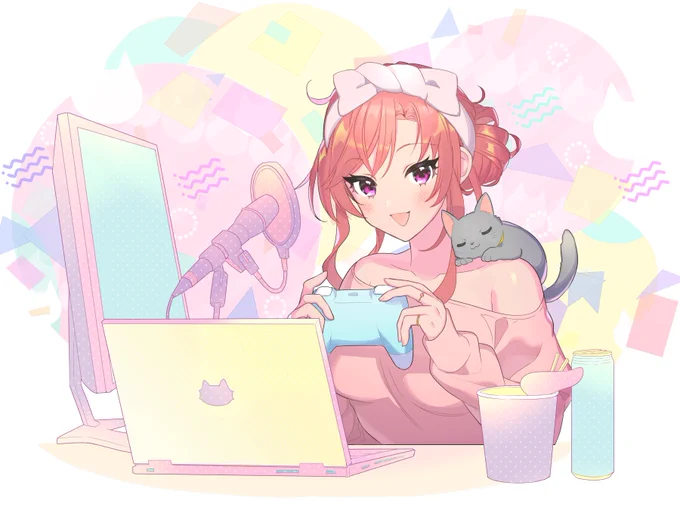 【Vtuberガト様記念イラスト】キャラデザ・Live2Dを担当させていただいておりますガト様の記念イラストを描かせていただきました!おうちでリラックスな配信中のイメージですガト様:ガトク絵 
