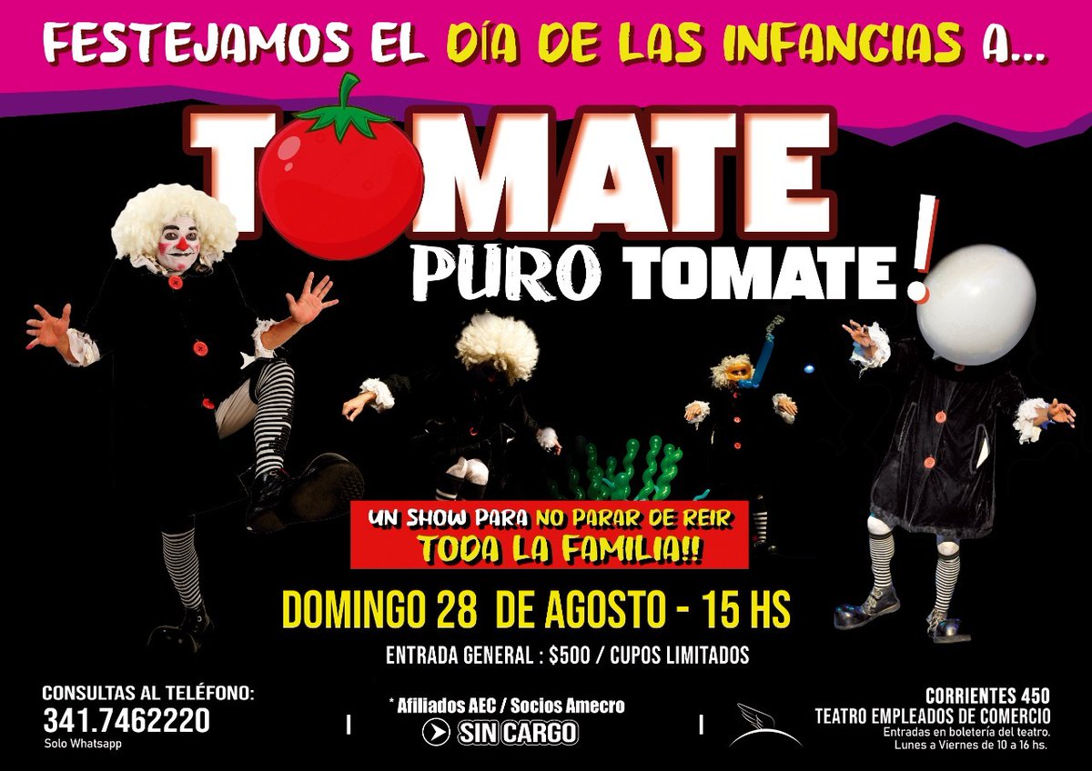 🍅Tomate, puro tomate 🍅 llega este sábado y domingo🤡 27 y 28  de agosto 15hs 🕗al teatro Empleados de Comercio 🎭
🎈Seguimos celebrando con todas las niñas y los niños de nuestra gran familia mercantil el mes de las infancias🥳
🎟️sin cargo  AEC y AMECRO aecrosario.org.ar/tomates-para-t…
