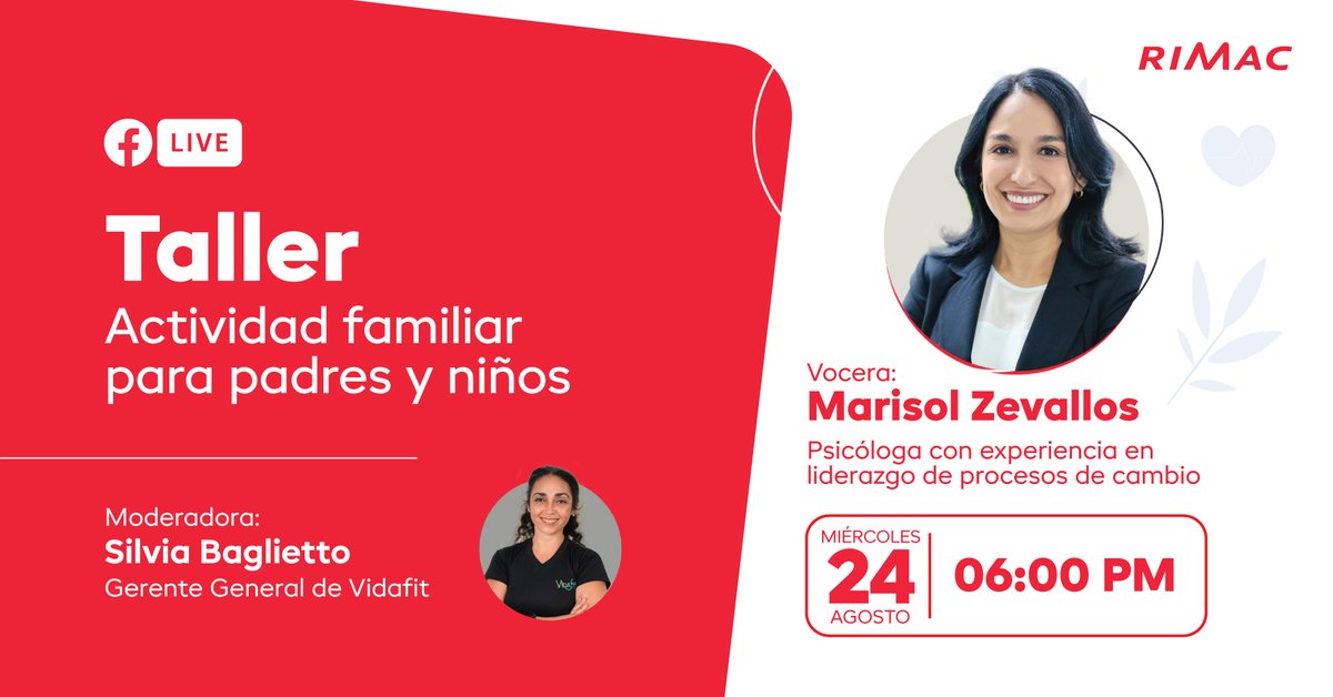 #TallerRIMAC

En RIMAC velamos por tu bienestar, por ello, únete a nuestro taller para saber cómo fomentar las habilidades sociales de los más pequeños en casa.

🗓 Miércoles 24 de agosto
⏰ 6:00 p.m.  
‍A cargo de: Psicóloga María Zevallos Silva

👉 fb.me/e/1WKArExkv