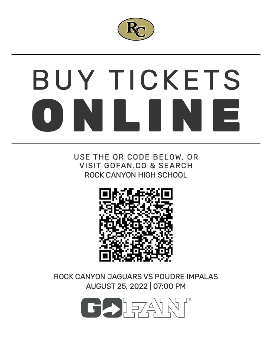 Get your tickets for the RCHS Football home opener vs the Poudre Impalas this Thursday night at 7:00 pm @ Echo Park Stadium.