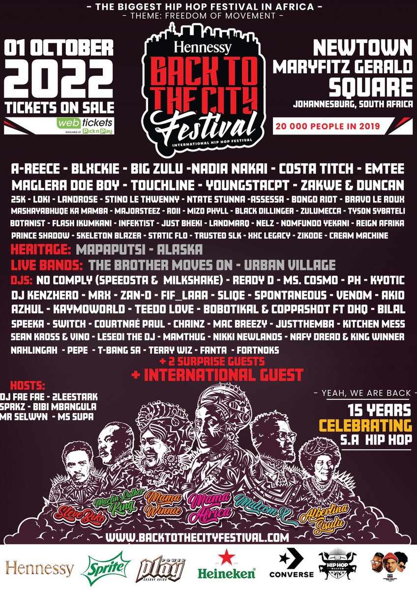 BacktothecitySA's tweet photo. We’re back outside, join us on the 1st of October at Mary Fitzgerald Square as we celebrate South African Hip Hop and practise our Freedom Of Movement. Tickets are available at any Pick n Pay Store nationwide or online from https://t.co/EgH0IkIpOr #BTTC2022 #BTTCxHennessy https://t.co/Z7aefZMaXK