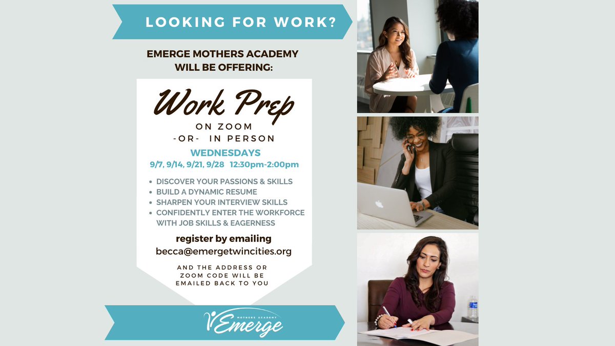 toEmerge's tweet photo. Do you want to find work? Or maybe you have a job but you want to grow or find a career? September is a great month to join work prep! With the kiddos heading back to school &amp; re-establishing routines hopefully you can refocus on you. Register by email: becca@emergetwincities.org https://t.co/UpOPIJCTaT