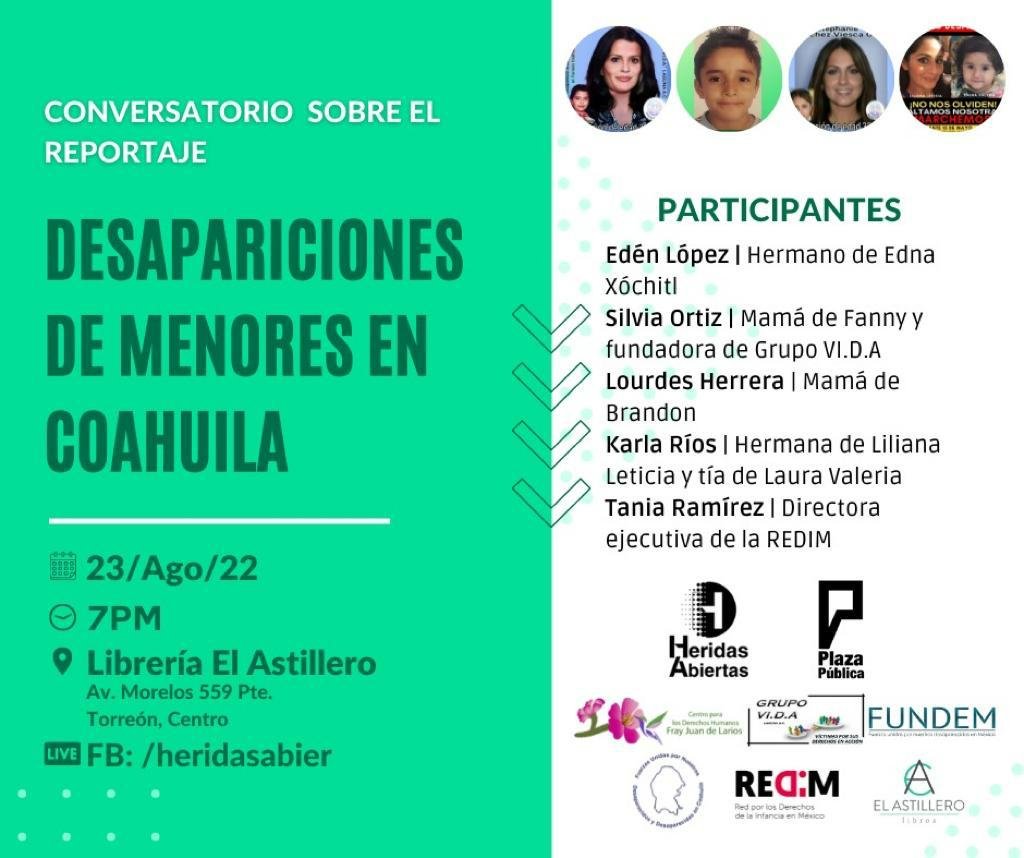 HOY martes te espero en @astillerolibros en el #conversatorio acerca de la DESAPARICIÓN DE MENORES en #Coahuila 💔 Puedes seguir la actividad por #FBLive 📺 Te comparto los links:

<a href="/heridasabier/">Heridas Abiertas</a> ▶️ bit.ly/3dKNLa9   
<a href="/la_plazapublica/">Plaza Pública</a> ▶️ bit.ly/3dQJPEG
✒️ ¡RT! 🙏🏼