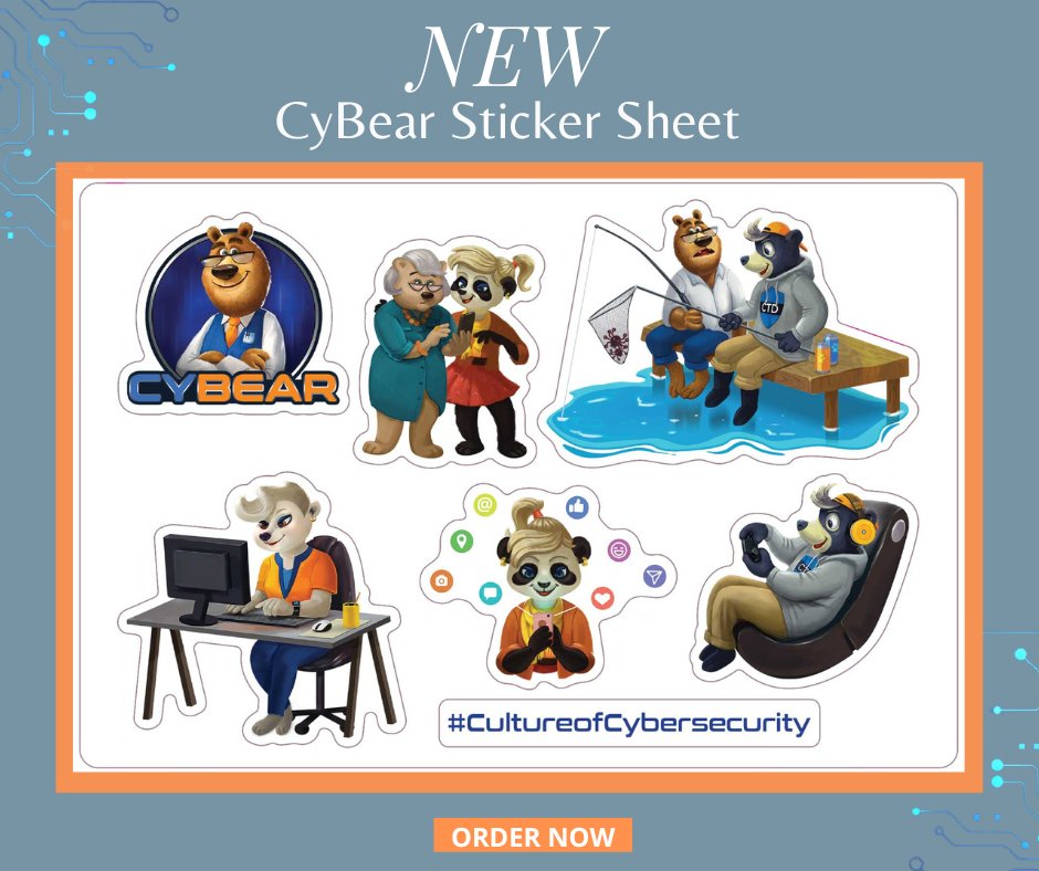 ciascybersec's tweet photo. Now available! The CyBear sticker sheet promotes a #cultureofcybersecurity and features various members of the #CyBear family using #IoT devices to reinforce STEM/cyber lessons. The sticker sheet is 4"x6". Bring the CyBear family home when you order here: https://t.co/GMjIW1PHiF https://t.co/yHtQL08f3V