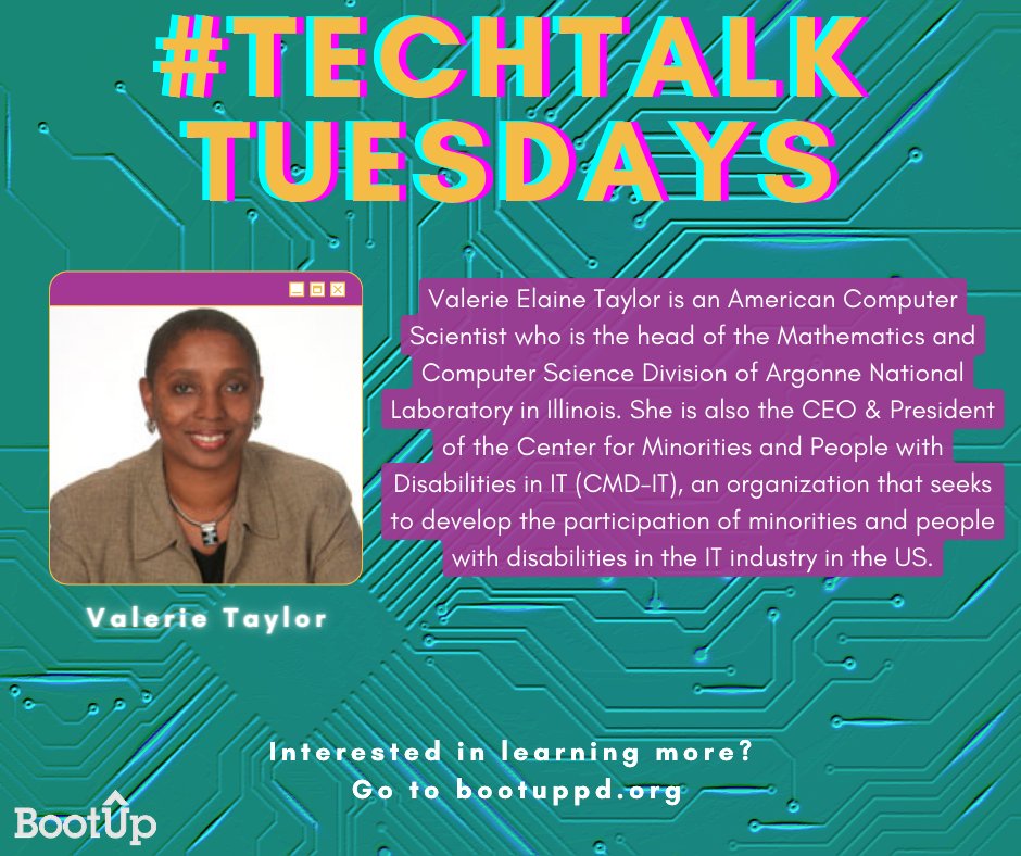 BootUpPD's tweet photo. As we progress with our #TechTalkTuesdays, we'll be acknowledging important people in the CS and STEM industries. Today we acknowledge Valerie Taylor, a black woman in #STEM who uses her distinguished research to increase diversity in CS.
#BootUp #CSforALL #CSforTeachers #CSK8 https://t.co/DUHEhj1ZWg