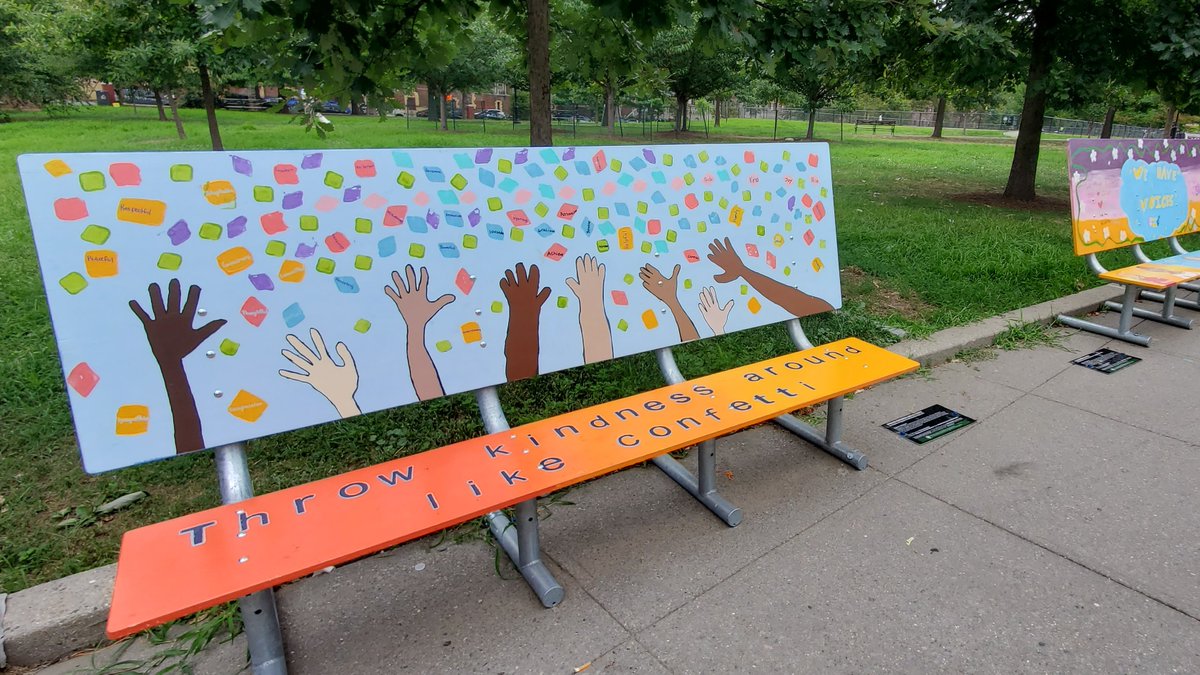 NYCParks's tweet photo. Throw kindness around like confetti!

BENCHMARKS is an arts residency program that inspires young students to tackle major social issues through meaningful art. This summer, the kids brought their empowering messages to our park benches, on view thru 9/15: https://t.co/7fN1enfE5f https://t.co/pWxGWtFsde