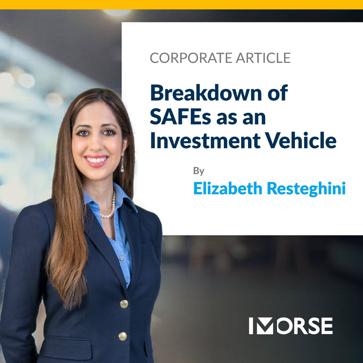 Morse's tweet photo. Did you know that a #SAFE financing can be a great #investment vehicle for both #companies and #investors? Liz Resteghini breaks down what a SAFE is, some of the risks and benefits to investing with a SAFE, and how a SAFE differs from a #convertiblenote. https://t.co/zvoRzikDuc https://t.co/toDgg7K3Gj