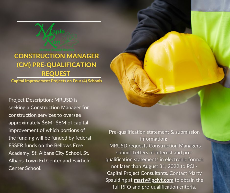 FairfieldSch_VT's tweet photo. Construction Manager Needed for Capital Improvement Projects in Four (4) of Maple Run USD Schools https://t.co/eOVJoX2odO https://t.co/RsveY6CTRK