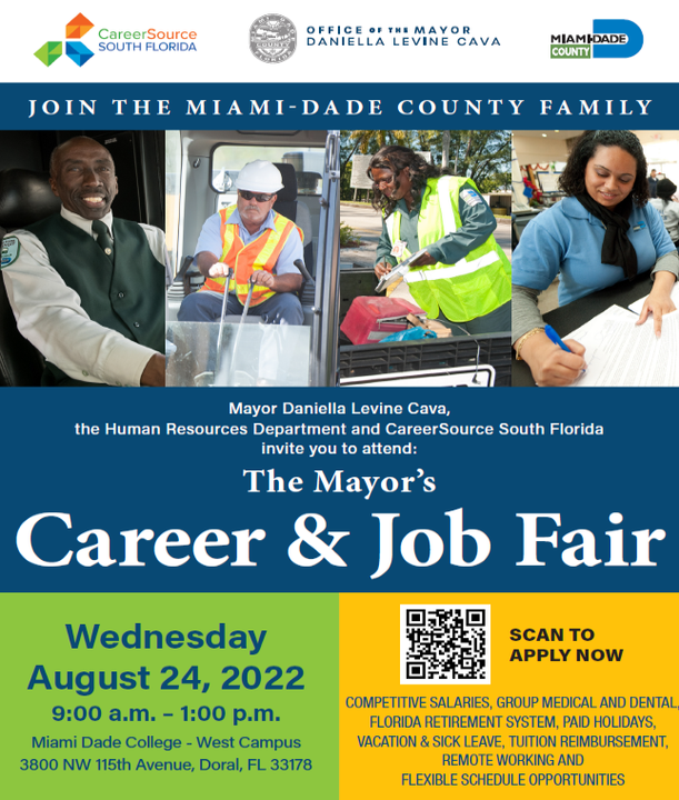 CareerSourceSFL's tweet photo. #CSSFL invites job seekers interested in a career in Miami-Dade County Government to attend The Mayor's Career & Job Fair! This recruitment event will feature 26 departments from #OurCounty who are now recruiting to fill open positions.
READ FLYER FOR MORE INFORMATION. #CSSFL https://t.co/Ni53OtRLpr