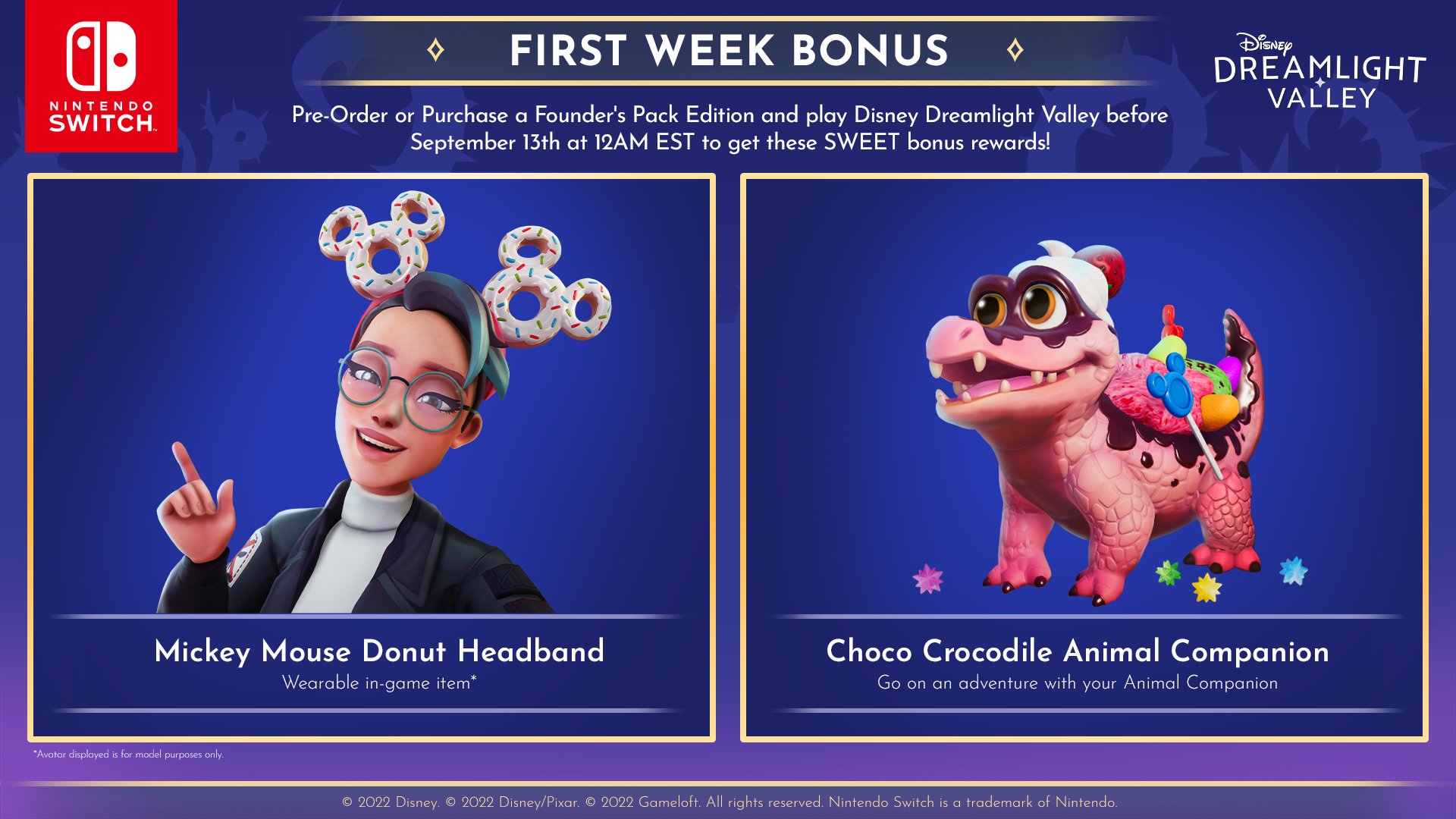 Nintendo of America on Twitter: "Receive the Mickey Mouse Donut Headband  and Choco Crocodile Animal Companion when you pre-order or purchase a  Founder's Pack edition of #DisneyDreamlightValley and play before Sept. 13