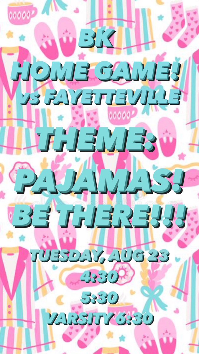 DONT FORGET! 🚨 The <a href="/BK_volleyball/">BKVB</a> team is playing Fayetteville TONIGHT!!! Come show your support!!! Show up in your best PJ’s 😴 💤