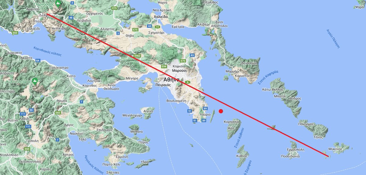 Τελευταία θέση του πλοίου είναι αυτή στην κόκκινη κουκίδα ΒΑ από την Μακρόνησο. Είναι φως φανάρι ότι θα ευθυγραμμιστεί με την γραμμή που διέρχεται από Δελφούς - Ναό Βραυρώνιας Αρτέμιδος - Δήλο και θα εξοπολύσει ομοαξονικά ηλεκτρομαγνητικό παλμό.