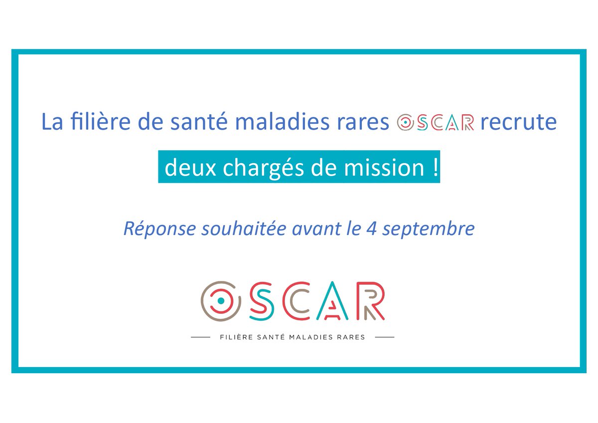 La filière de santé maladies rares OSCAR recrute !
➡ un chargé de mission base de données BNDMR : urlz.fr/j1l2
➡  un chargé de mission recherche : urlz.fr/j1k5
📩 Envoyez CV & LM pour le 04 09 2022 : elisabeth.celestin@aphp.fr
#Emploi #sante #maladiesrares